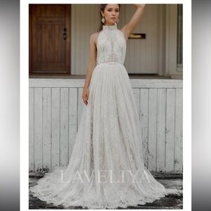 Laveliya White Lace and Tulle High Neck A-line Dress